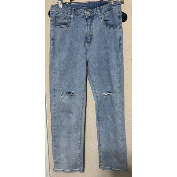 Patch Pockets Jeans blue denim distressed Y2K womens 26 cropped straight - Picture 2 of 7